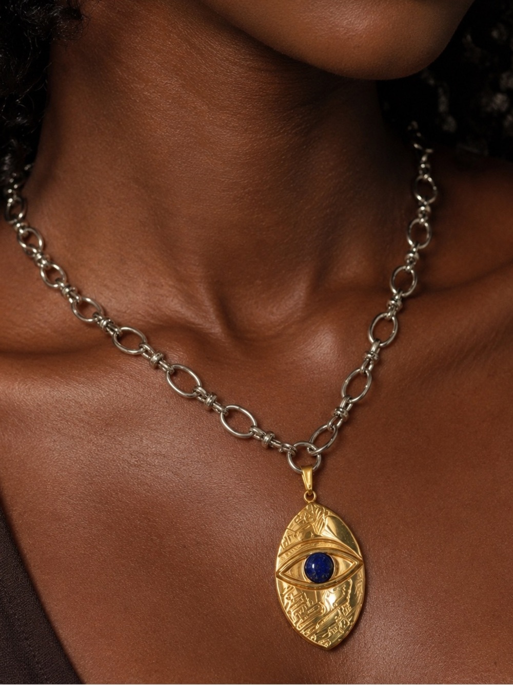Gold Evil Eye Pendant Necklace with Silver Chain
